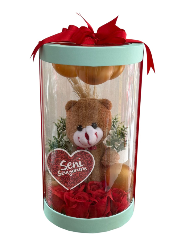 Asetatlı Şeffaf Silindir Kutuda Kahverengi Ayıcık