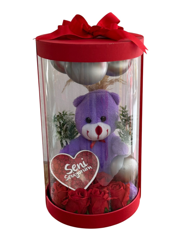 Asetatlı Şeffaf Silindir Kutuda Mor Ayıcık