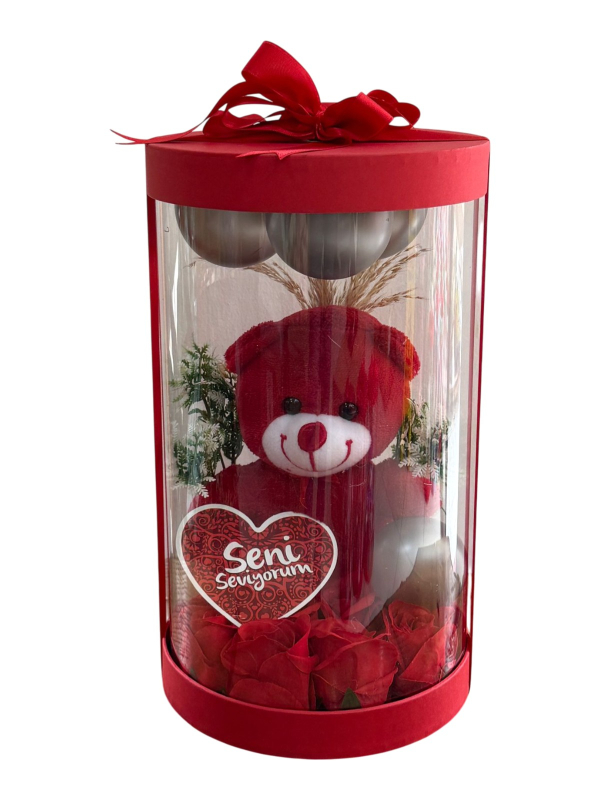 Gümüş Balonlu Ayıcıklı Şeffaf Kutu