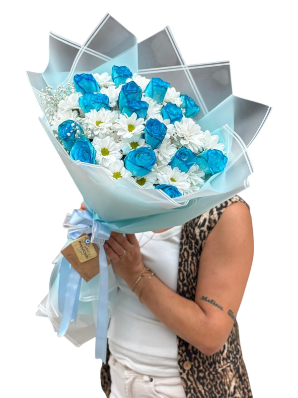 Mavi Gül & Beyaz Papatya Buketi
