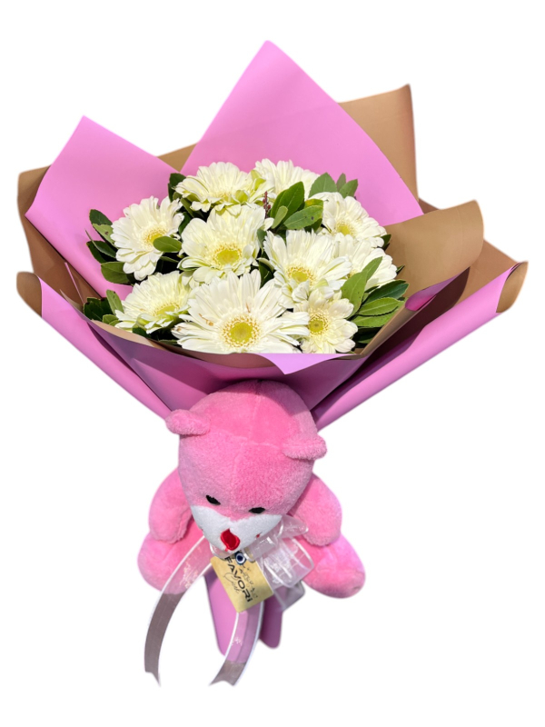 Pembe Ayıcık ve Beyaz Gerbera Buketi