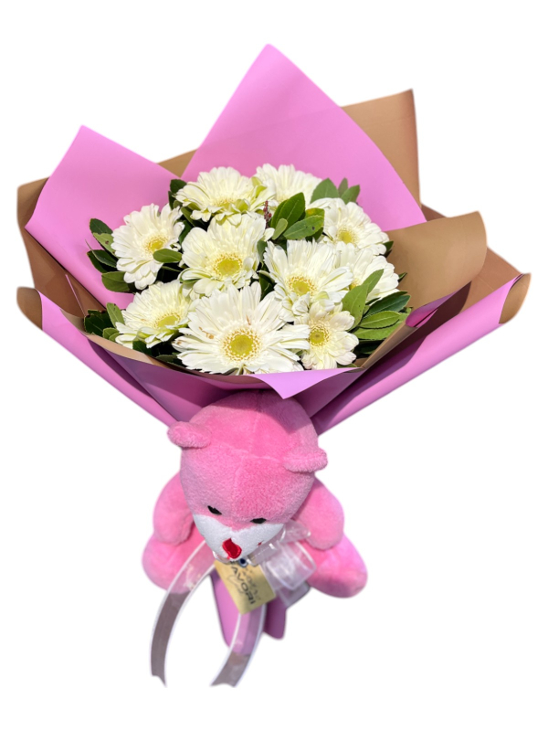 Pembe Ayıcık ve Beyaz Gerbera Buketi