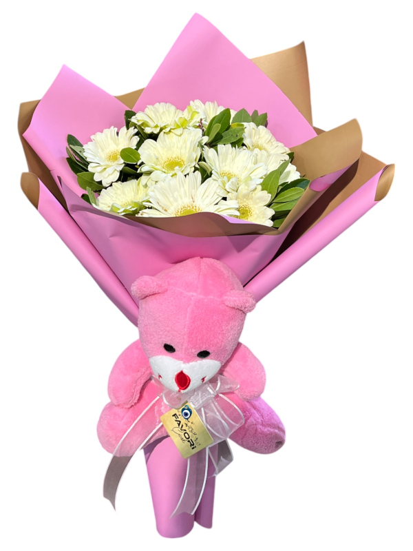 Pembe Ayıcık ve Beyaz Gerbera Buketi