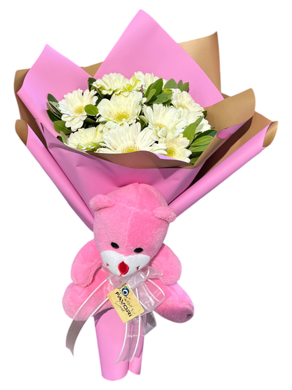 Pembe Ayıcık ve Beyaz Gerbera Buketi